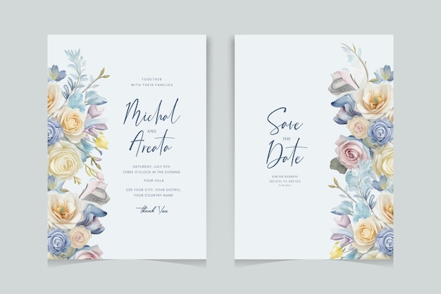 Moderno modelo de tarjeta de invitación de boda con un hermoso conjunto de flores