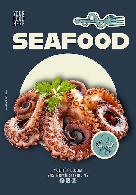 Moderno modelo de volante de mariscos con diseño de pulpo a la parrilla