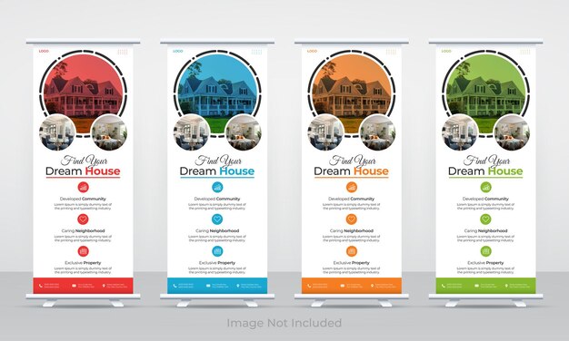 Moderno negocio de bienes raíces casa de venta enrollar subir x estandarte standee plantilla de diseño de señalización