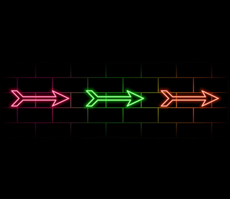 Vector moderno neón rosa y azul gradiente flechas brillantes marco para bandera en hormigón grunge vacío oscuro