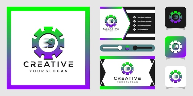 Vector moderno número 9 y diseño de logotipo de engranajes