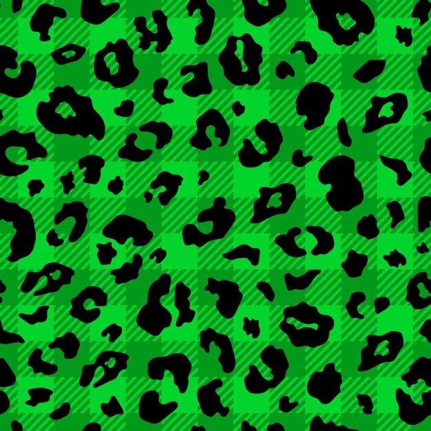 Moderno patrón sin costuras abstracto de color verde búfalo con fondo a cuadros con textura de manchas de leopardo negro