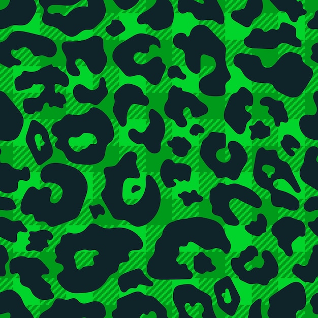 Moderno patrón sin costuras abstracto de color verde búfalo con fondo a cuadros con textura de manchas de leopardo negro