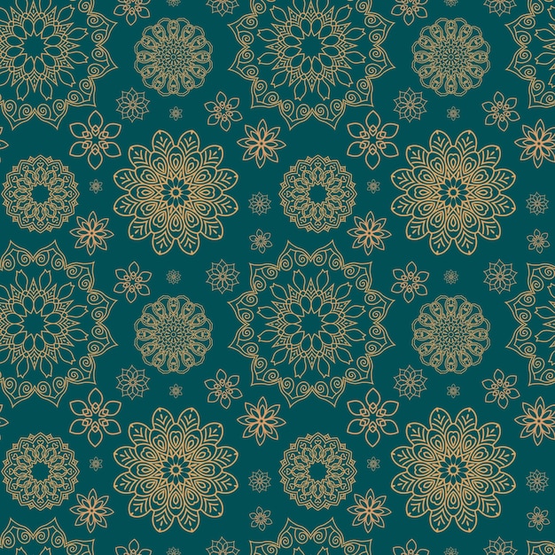 Moderno patrón sin costuras de mandala de oro en fondo turquesa para pegatinas textiles para libros de colorear de yoga