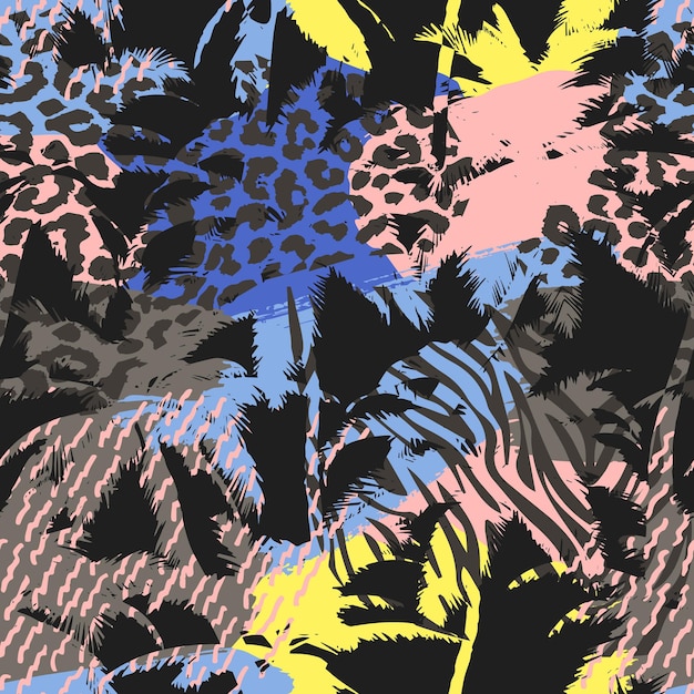 Moderno patrón exótico sin costuras con estampas de animales de palma y texturas dibujadas a mano Diseño abstracto moderno