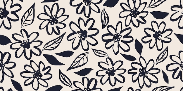 Moderno patrón floral contemporáneo sin costuras dibujado a mano con pincel flores y hojas abstractas