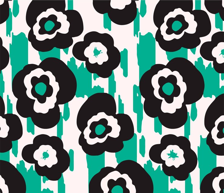 Moderno patrón floral con flores negras pétalos blancos y trazos verdes