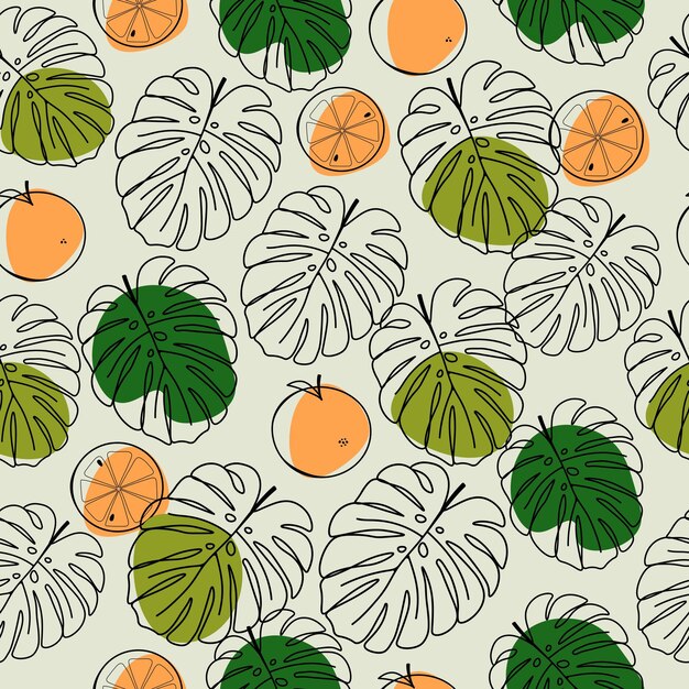 Moderno patrón vectorial sin costuras con hojas de palma dibujadas a mano y cítricos naranjas