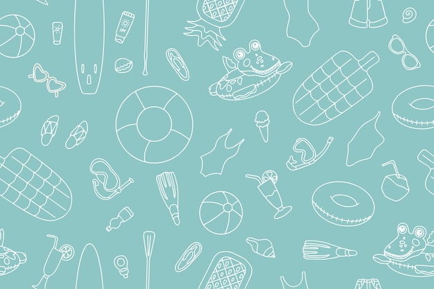 Moderno patrón de verano sin costuras de artículos y accesorios de playa en estilo doodle