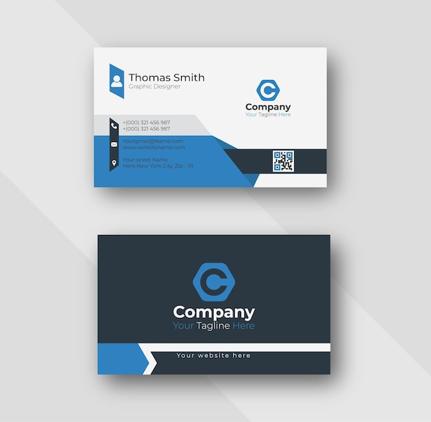 Moderno y profesional plantilla de tarjeta de visita con acentos azules y blancos para un diseñador gráfico