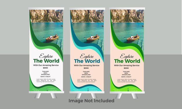 El moderno standie de viajes enrolla una pancarta para la publicidad