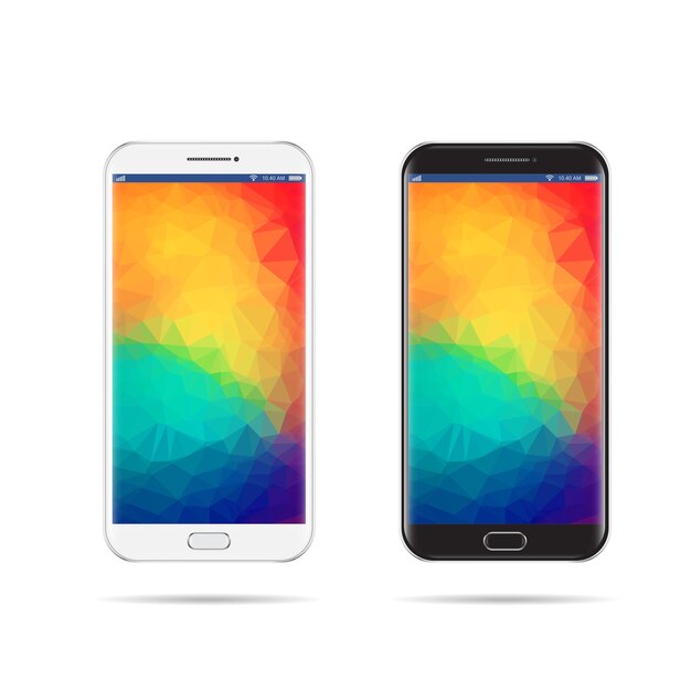 Moderno teléfono inteligente blanco y negro con protector de pantalla poligonal geométrico.