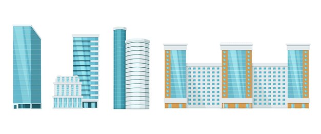 Modernos rascacielos urbanos de gran altura Exteriores de edificios fachadas arquitectónicas infraestructura urbana Centros de negocios oficinas edificios residenciales complejos Ilustración vectorial aislada