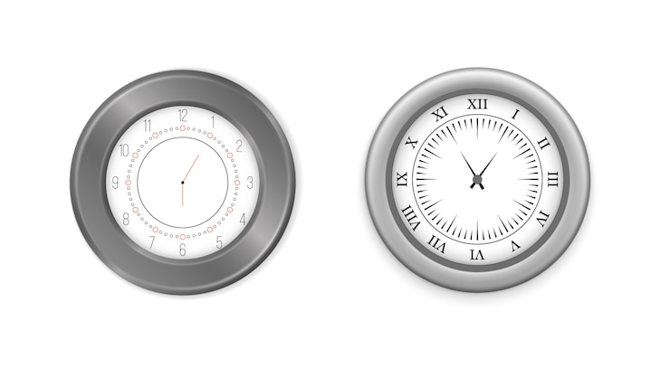 Vector modernos relojes de pared redondos de color blanco, negro, esfera de reloj negra y maqueta de reloj de tiempo. conjunto de iconos de reloj de oficina de pared blanco y negro. maqueta para branding y publicidad.