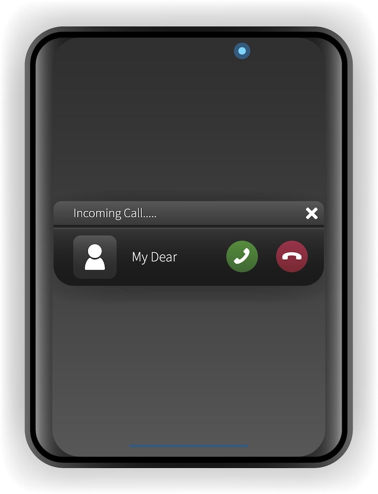 Vector modo oscuro de la interfaz de usuario del teléfono inteligente que muestra la alerta de llamadas entrantes con el nombre del contacto y las opciones de llamada