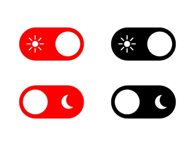 modo oscuro y modo claro interruptor negro rojo y blanco botones de día y noche con sol y luna