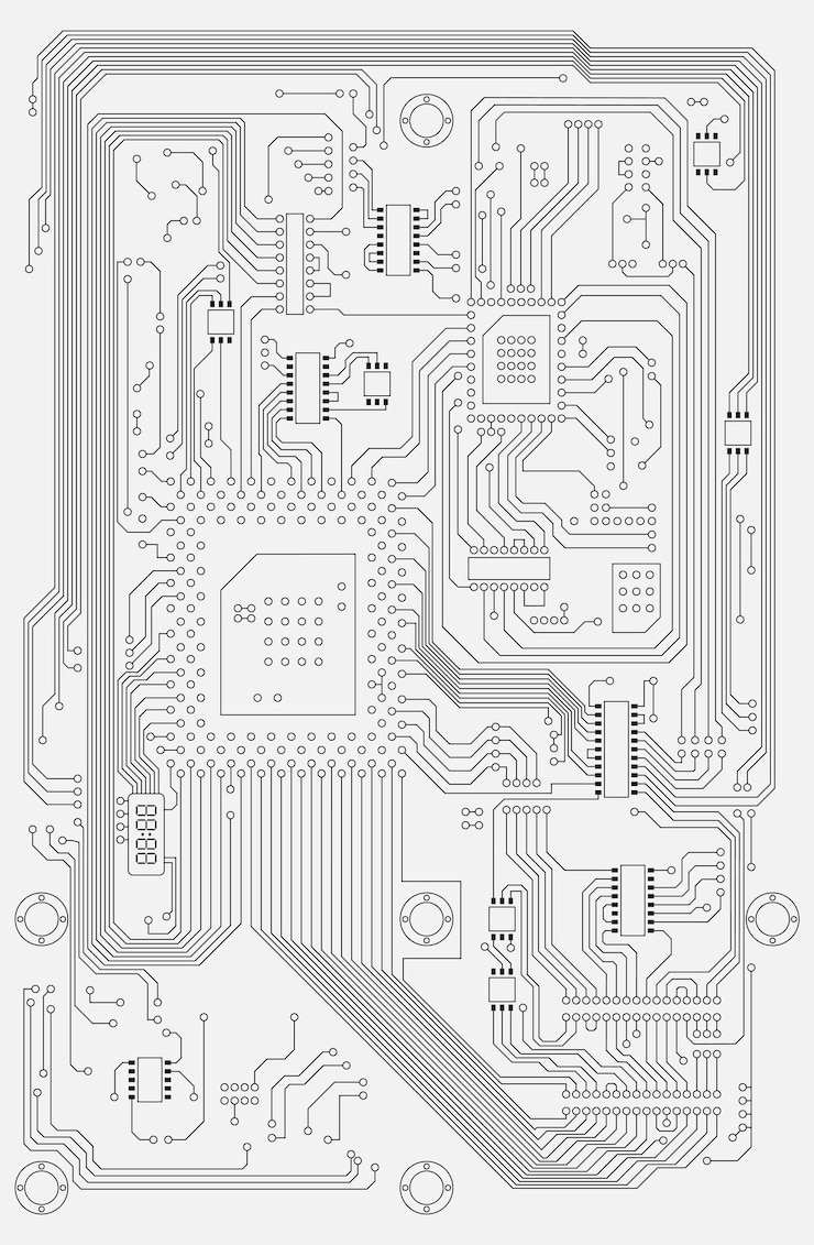 Vector módulo de comunicación digital placa de circuitos impresos ilustración vectorial esbozo