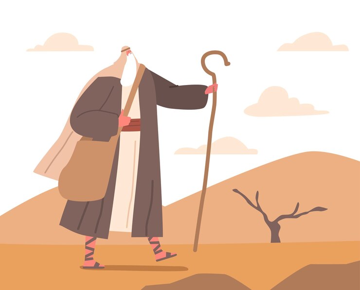 Vector el moisés bíblico se yergue en el desierto sosteniendo un bastón que simboliza la guía y el liderazgo divinos para las personas en viaje