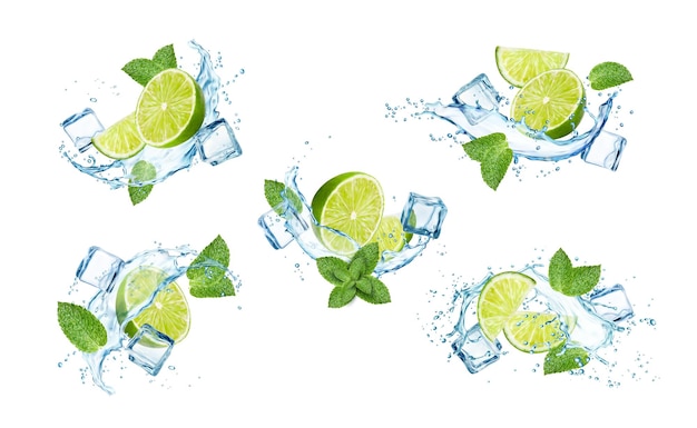 Vector mojito cubos de hielo frutas de lima en salpicaduras realistas