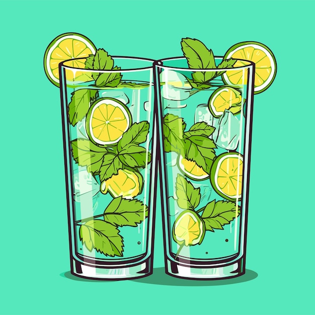 Mojito en un vaso Cóctel con alcohol o sin alcohol Cóctel clásico con lima, menta y hielo Ilustración vectorial