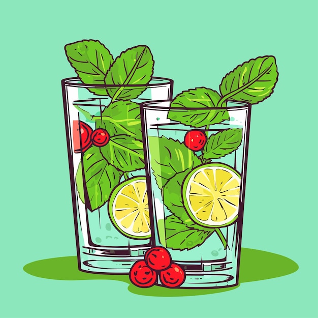 Vector mojito en un vaso cóctel con alcohol o sin alcohol cóctel clásico con lima, menta y hielo ilustración vectorial