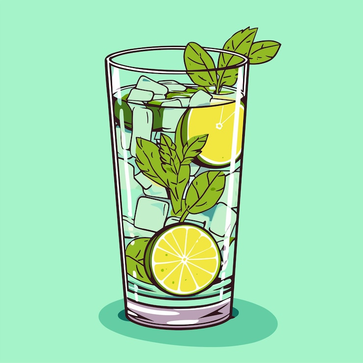 Vector mojito en un vaso cóctel con alcohol o sin alcohol cóctel clásico con lima, menta y hielo ilustración vectorial