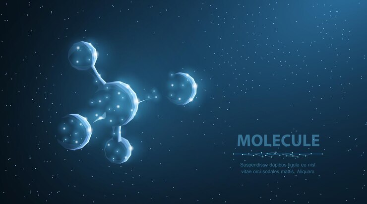 Molécula Abstracto estructura futurista de micro moléculas con una esfera en fondo azul