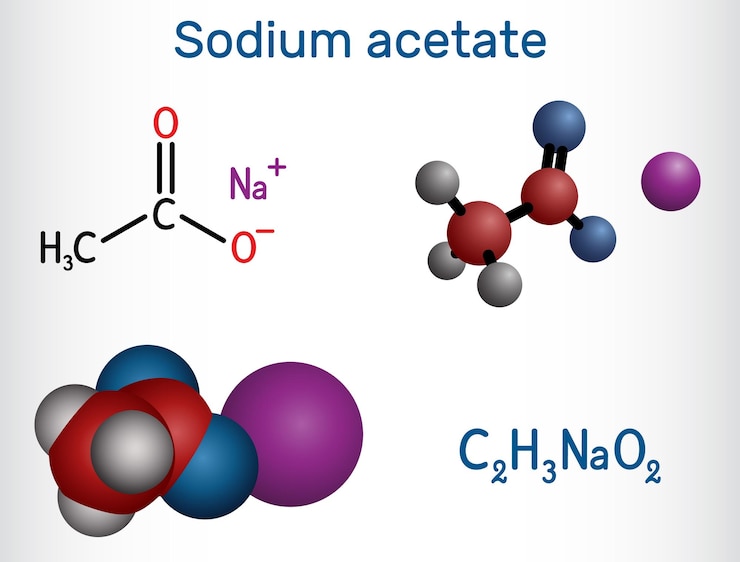 Vector molécula de acetato de sodio es un aditivo alimentario e262 fórmula química estructural y modelo molecular