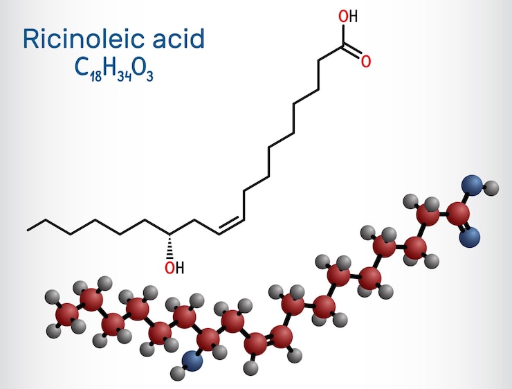 Vector molécula de ácido ricinoleico que se encuentra en el aceite de ricino modelo de molécula de fórmula química estructural