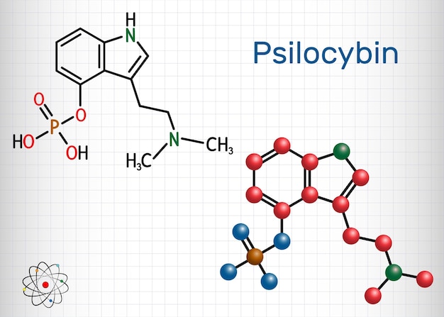Molécula de alcaloide de psilocibina Fórmula química estructural y modelo molecular