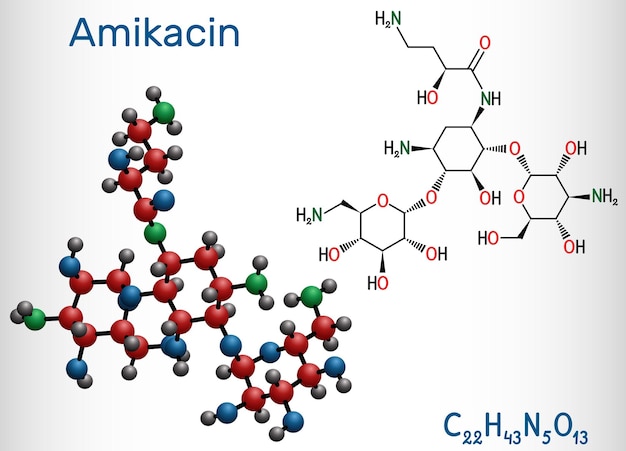 Molécula de amicacina Es un antibiótico aminoglicósido La fórmula química estructural es de fondo azul oscuro