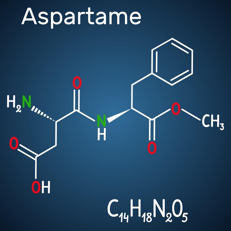 Vector molécula de aspartamo apm sustituto del azúcar y e951 fórmula química estructural fondo azul oscuro