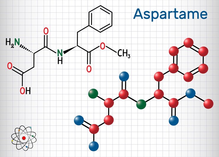 Vector molécula de aspartamo apm sustituto del azúcar y e951 modelo de molécula de fórmula química estructural