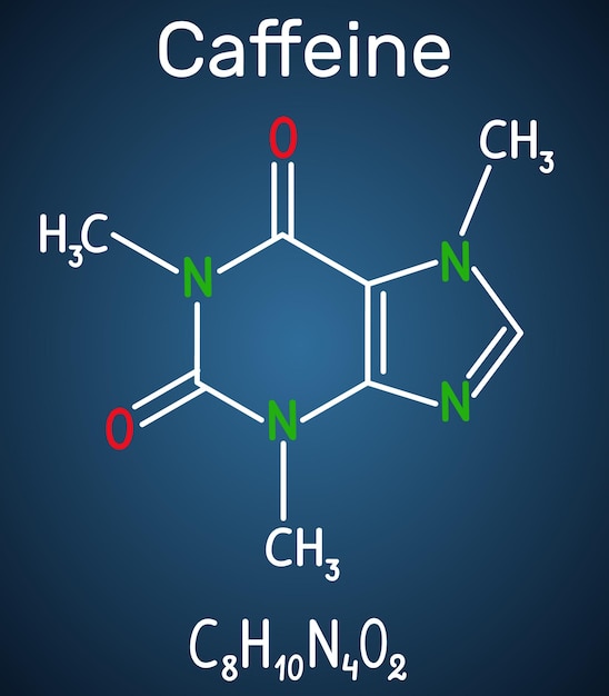 Molécula de cafeína Fórmula química estructural y modelo de molécula en el fondo azul oscuro