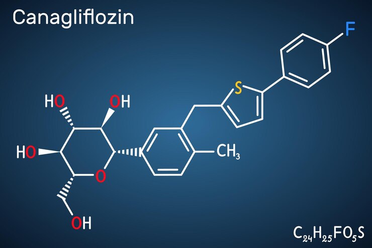 Vector molécula de canagliflozina estructura química de fondo azul oscuro