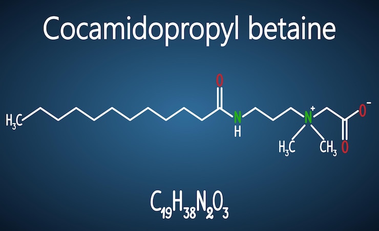 Vector molécula de capb de cocamidopropil betaína fórmula química estructural de fondo azul oscuro y blanco