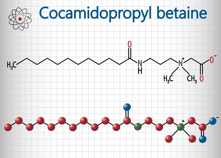 Vector molécula de capb de cocamidopropil betaína fórmula química estructural y modelo molecular