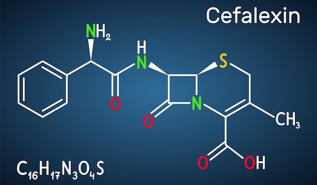 Molécula de cefalexina C16H17N3O4S Fórmula química estructural en el fondo azul oscuro