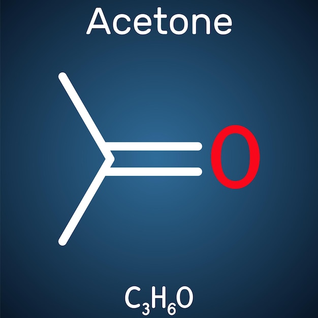 Molécula de cetona de acetona Fórmula química estructural en el fondo azul oscuro