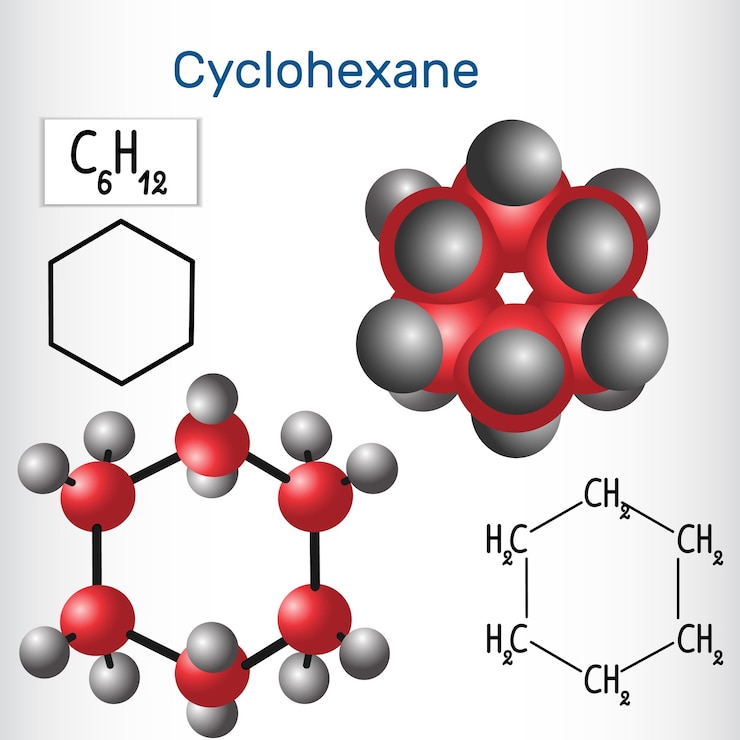 Vector molécula de ciclohexano fórmula química estructural y modelo ilustración vectorial