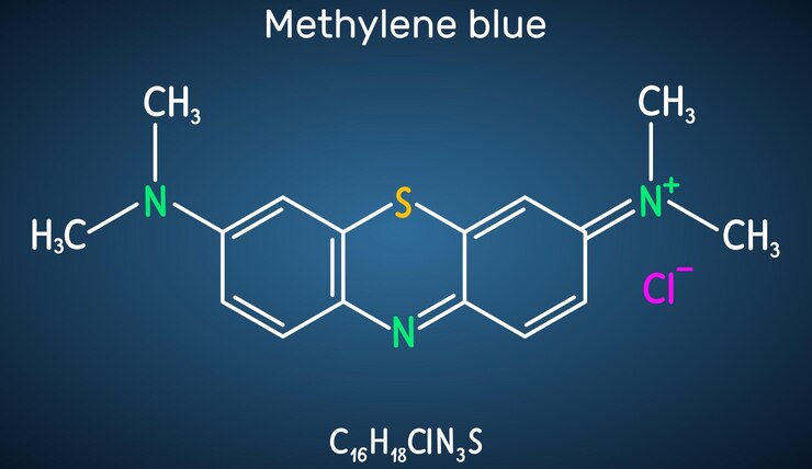 Vector molécula de cloruro de metiltioninio azul metileno c16h18cln3s de fondo azul oscuro