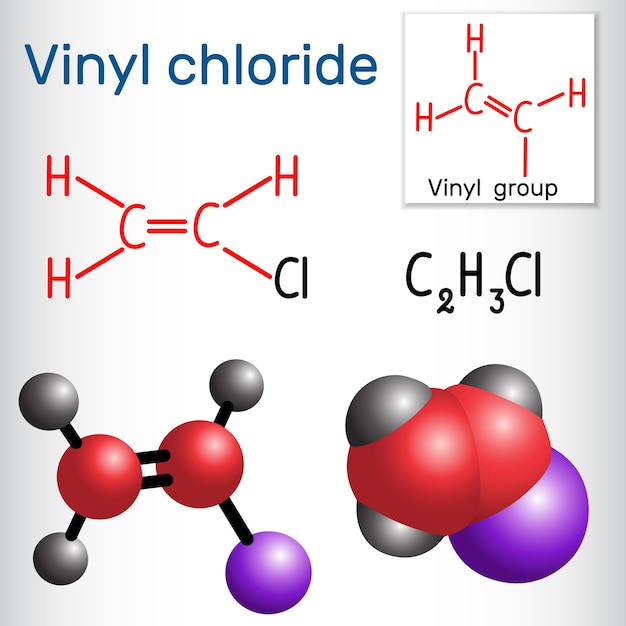 Molécula de cloruro de vinilo También se llama monómero de clorur de vinilo VCM o cloroeteno Fórmula química estructural y modelo molecular