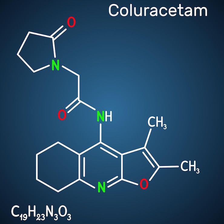 Vector la molécula de coluracetam bci540 c19h23n3o3 de fondo azul oscuro