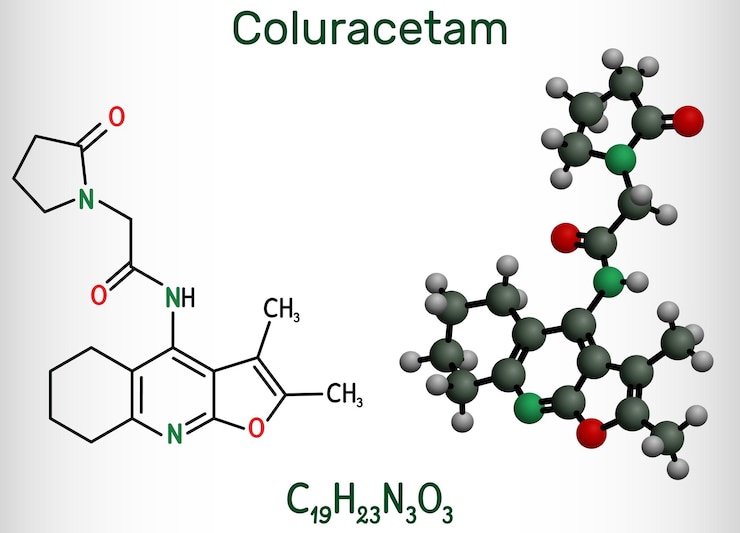 Vector molécula de coluracetam bci540 c19h23n3o3 fórmula química estructural y modelo de la molécula