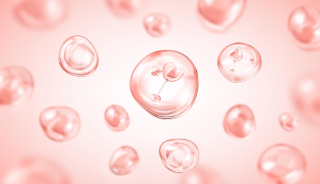 Molécula dentro de la burbuja sobre fondo rosado Gotas de suero de colágeno rosado Solución cosmética para el cuidado de la piel