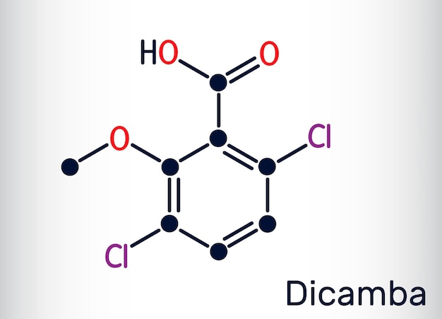 Molécula de dicamba C8H6Cl2O3 Se utiliza como herbicida Su fórmula química estructural