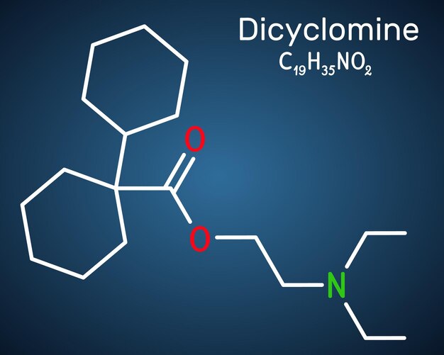Molécula de dicicloverina de diciclomina Fórmula química estructural de fondo azul oscuro Vector