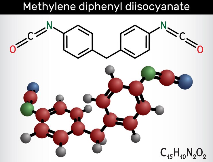 Vector molécula de diisocianato de metileno difenilo mdi modelo de molécula de fórmula química estructural vector