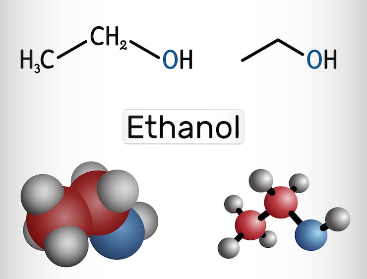 Vector molécula de etanol c2h5oh fórmula química estructural y modelo de molécula ilustración vectorial