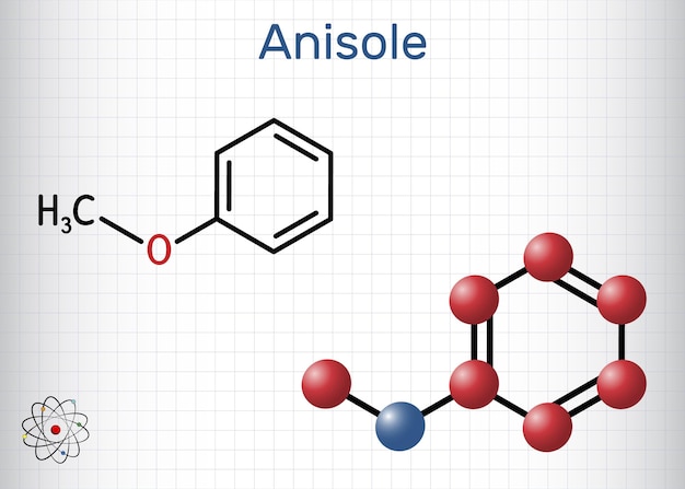 Molécula de éter metilfenil de anisol metoxibenzeno Hoja de papel en una jaula Vector